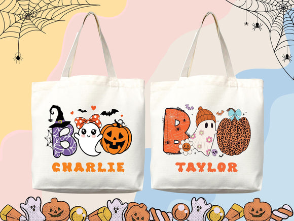 Personalized Halloween Tote Bag Custom Name Tote Kids Trick or Treat Halloween Gift Bag Goodie Bag Spooky Halloween Party Favor Gift Tote