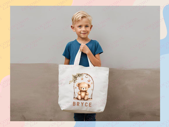 Teddy Bear Personalized Name Tote Bag Kids Cute Gift Daycare Diaper Bag Library Custom Name Tote Back to School Bag for Kids Kindergarten
