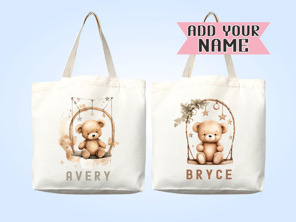 Teddy Bear Personalized Name Tote Bag Kids Cute Gift Daycare Diaper Bag Library Custom Name Tote Back to School Bag for Kids Kindergarten