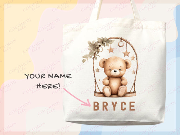 Teddy Bear Personalized Name Tote Bag Kids Cute Gift Daycare Diaper Bag Library Custom Name Tote Back to School Bag for Kids Kindergarten