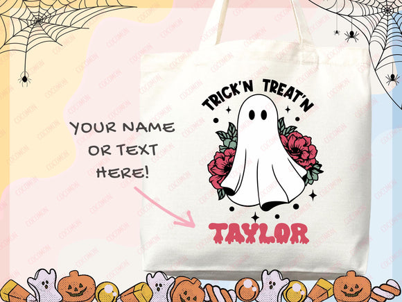 Personalized Halloween Tote Bag Custom Name Tote Kids Trick or Treat Halloween Gift Bag Goodie Bag Spooky Halloween Party Favor Gift Tote