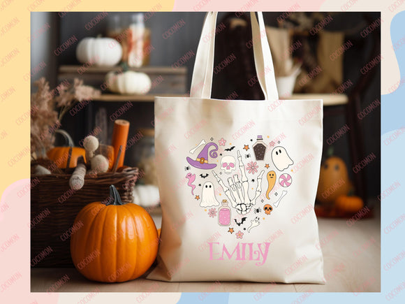 Personalized Halloween Tote Bag Custom Name Tote Kids Trick or Treat Halloween Gift Bag Goodie Bag Spooky Halloween Party Favor Gift Tote