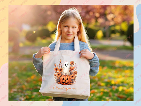 Personalized Halloween Tote Bag Custom Name Tote Kids Trick or Treat Halloween Gift Bag Goodie Bag Spooky Halloween Party Favor Gift Tote