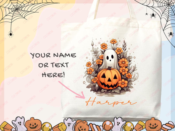 Personalized Halloween Tote Bag Custom Name Tote Kids Trick or Treat Halloween Gift Bag Goodie Bag Spooky Halloween Party Favor Gift Tote