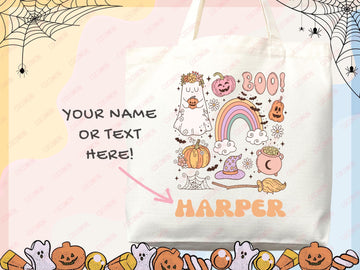 Personalized Halloween Tote Bag Custom Name Tote Kids Trick or Treat Halloween Gift Bag Goodie Bag Spooky Halloween Party Favor Gift Tote
