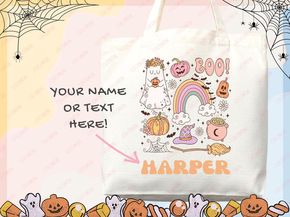Personalized Halloween Tote Bag Custom Name Tote Kids Trick or Treat Halloween Gift Bag Goodie Bag Spooky Halloween Party Favor Gift Tote