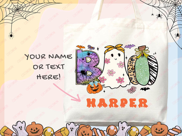 Personalized Halloween Tote Bag Custom Name Tote Kids Trick or Treat Halloween Gift Bag Goodie Bag Spooky Halloween Party Favor Gift Tote