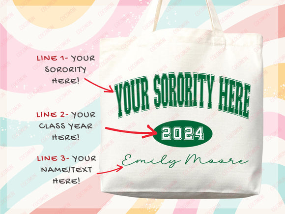 Custom Sorority Tote Bag Gift Rush Initiation Bid Day Big Little Gift Custom Name Sorority Gift College Tote Bag Personalized Gift For Her