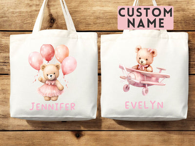 Personalized Name Teddy Bear Tote Bag Gift Daycare Diaper Bag Custom Name Tote Customized Name Back to School Bag for Kids Bag Kindergarten