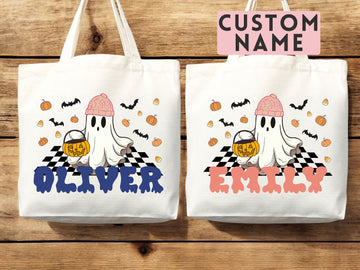 Personalized Halloween Tote Bag Custom Name Canvas Tote Bag Trick or Treat Halloween Gift Bag Goodie Bag Spooky Halloween Party Favor Gift