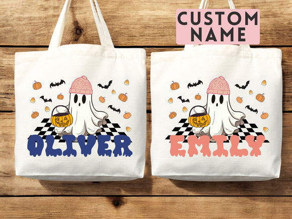 Personalized Halloween Tote Bag Custom Name Canvas Tote Bag Trick or Treat Halloween Gift Bag Goodie Bag Spooky Halloween Party Favor Gift