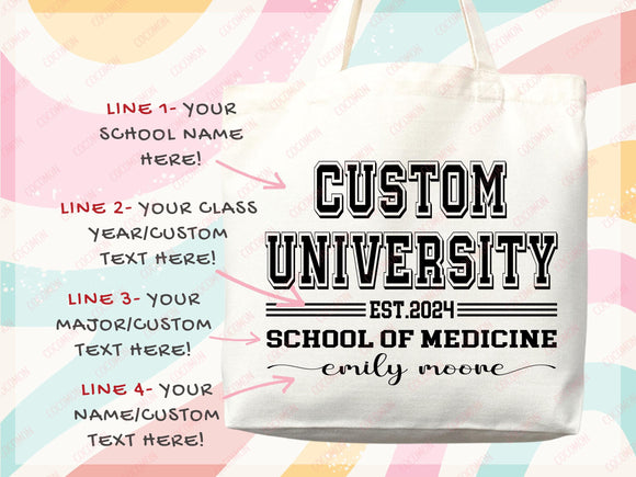 Custom Name College Tote Bag Custom University Gift Graduation Bag for Her Personalized College Tote Bag Campus School Bag Customized Gift