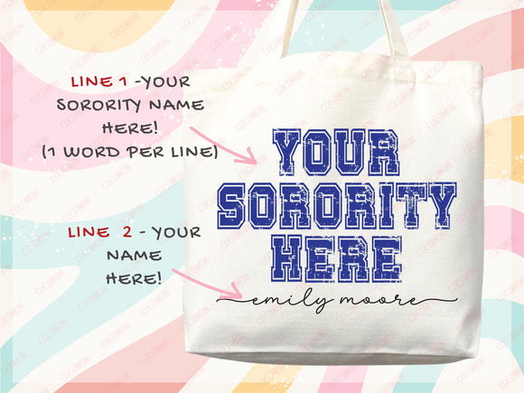 Custom Sorority Tote Bag Gift Rush Initiation Bid Day Big Little Gift Custom Name Sorority Gift College Tote Bag Personalized Gift For Her