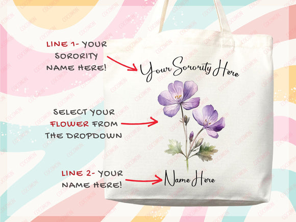 Custom Sorority Tote Bag Gift Rush Initiation Bid Day Big Little Gift Custom Name Sorority Gift College Tote Bag Personalized University Bag