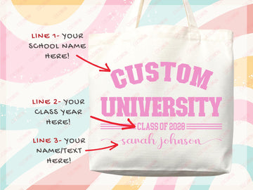 Custom Name College Tote Bag Custom University Gift Graduation Bag for Her Personalized College Tote Bag Campus School Bag Customized Gift