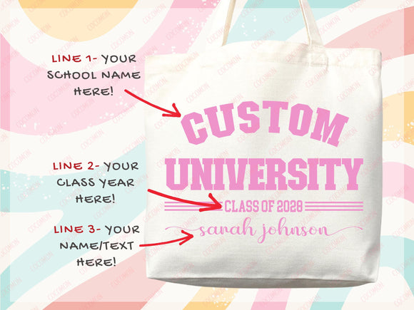 Custom Name College Tote Bag Custom University Gift Graduation Bag for Her Personalized College Tote Bag Campus School Bag Customized Gift
